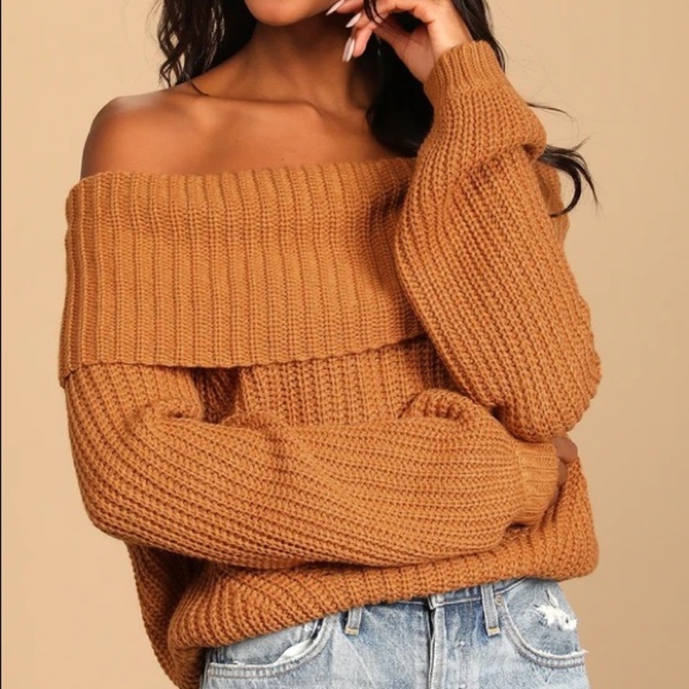 Lulu’s Carmichael Brown Off the Shoulder Knit Sweater Medium